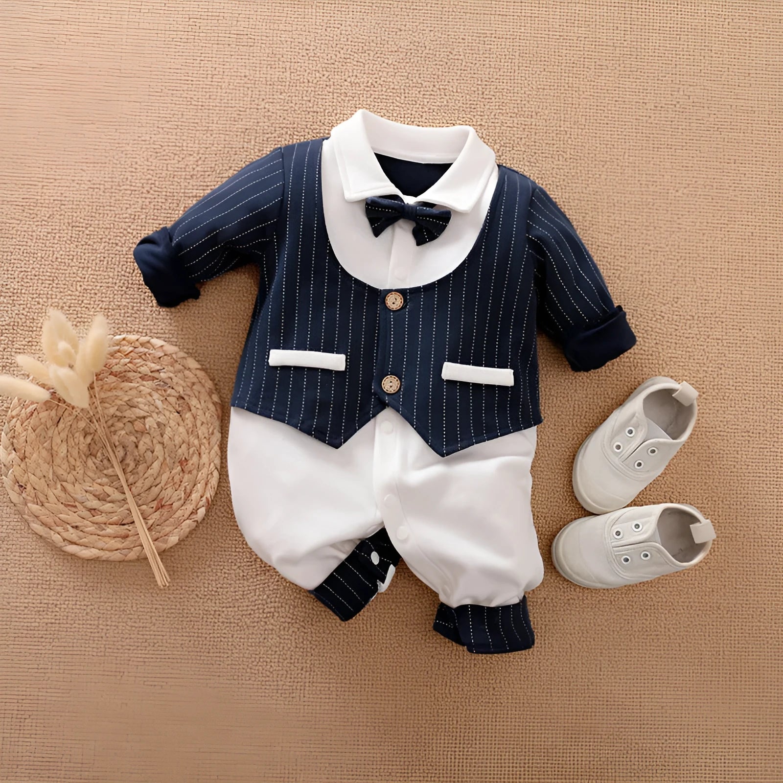 Baby boy in a long-sleeved cotton jumpsuit with gentleman-style detailing for spring or autumn wear.