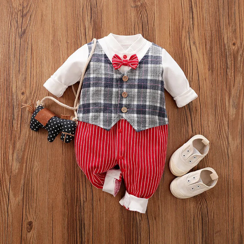 Baby boy in a long-sleeved cotton jumpsuit with gentleman-style detailing for spring or autumn wear.