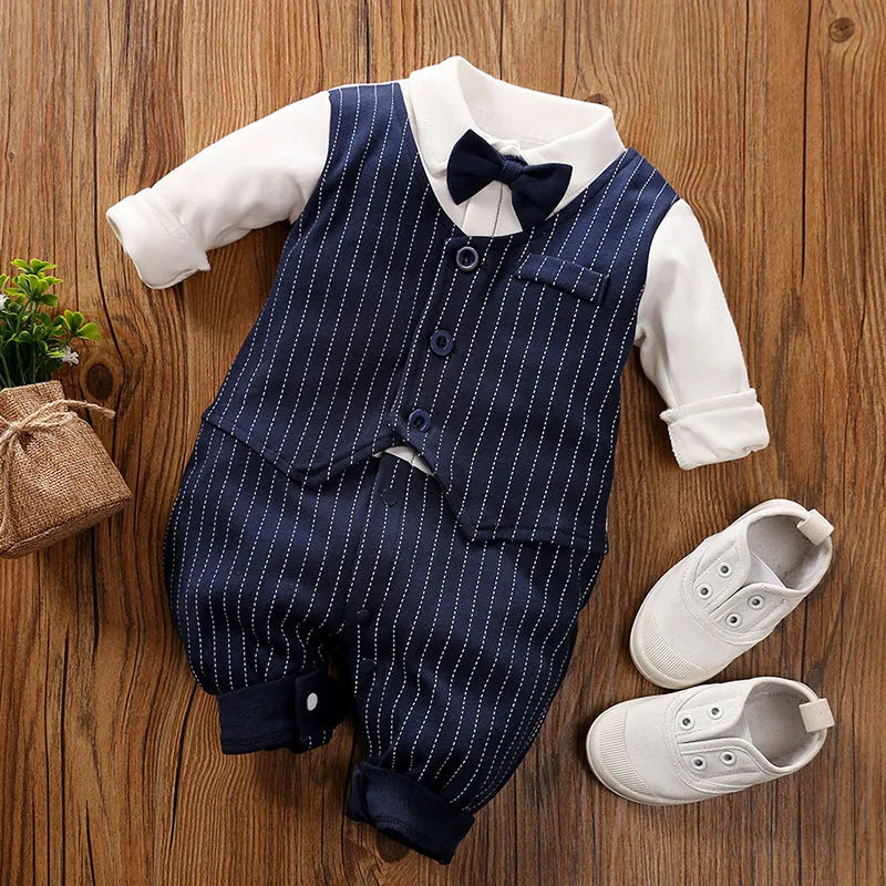 Baby boy in a long-sleeved cotton jumpsuit with gentleman-style detailing for spring or autumn wear.
