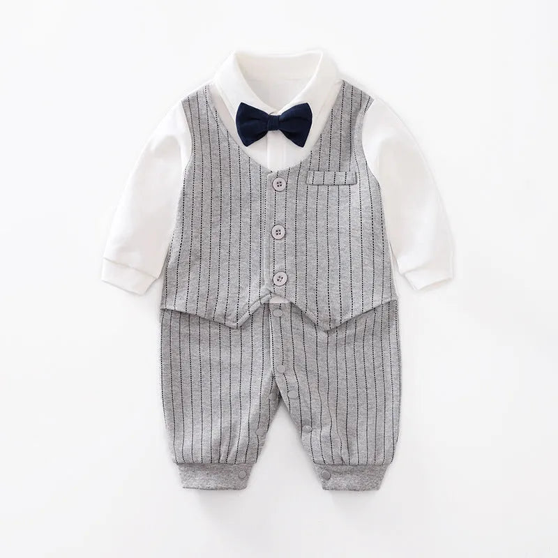 Baby boy in a long-sleeved cotton jumpsuit with gentleman-style detailing for spring or autumn wear.
