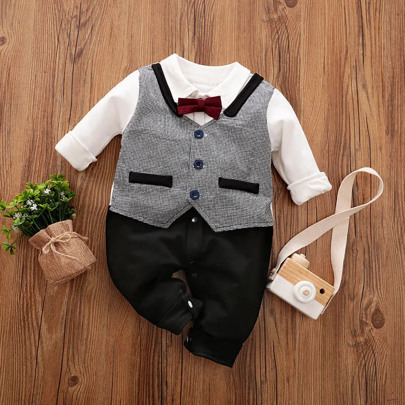Baby boy in a long-sleeved cotton jumpsuit with gentleman-style detailing for spring or autumn wear.