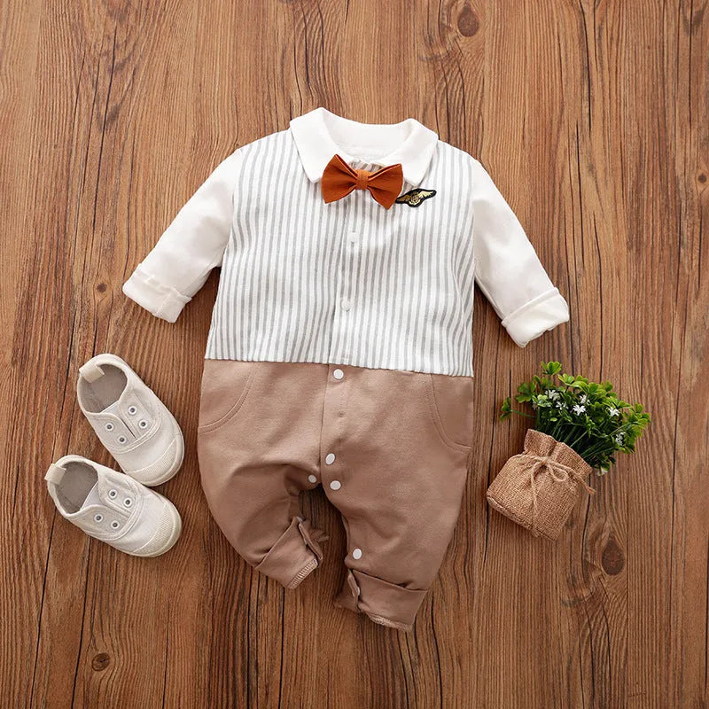 Baby boy in a long-sleeved cotton jumpsuit with gentleman-style detailing for spring or autumn wear.