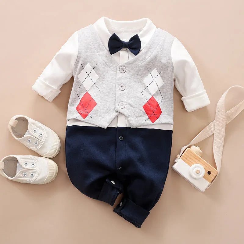 Baby boy in a long-sleeved cotton jumpsuit with gentleman-style detailing for spring or autumn wear.