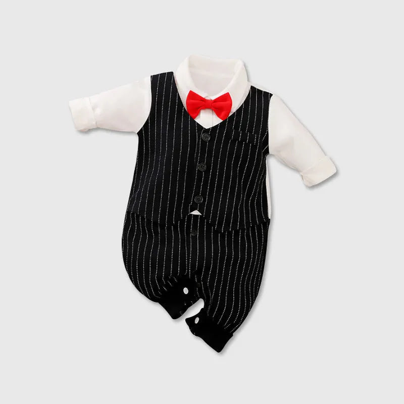 Baby boy in a long-sleeved cotton jumpsuit with gentleman-style detailing for spring or autumn wear.