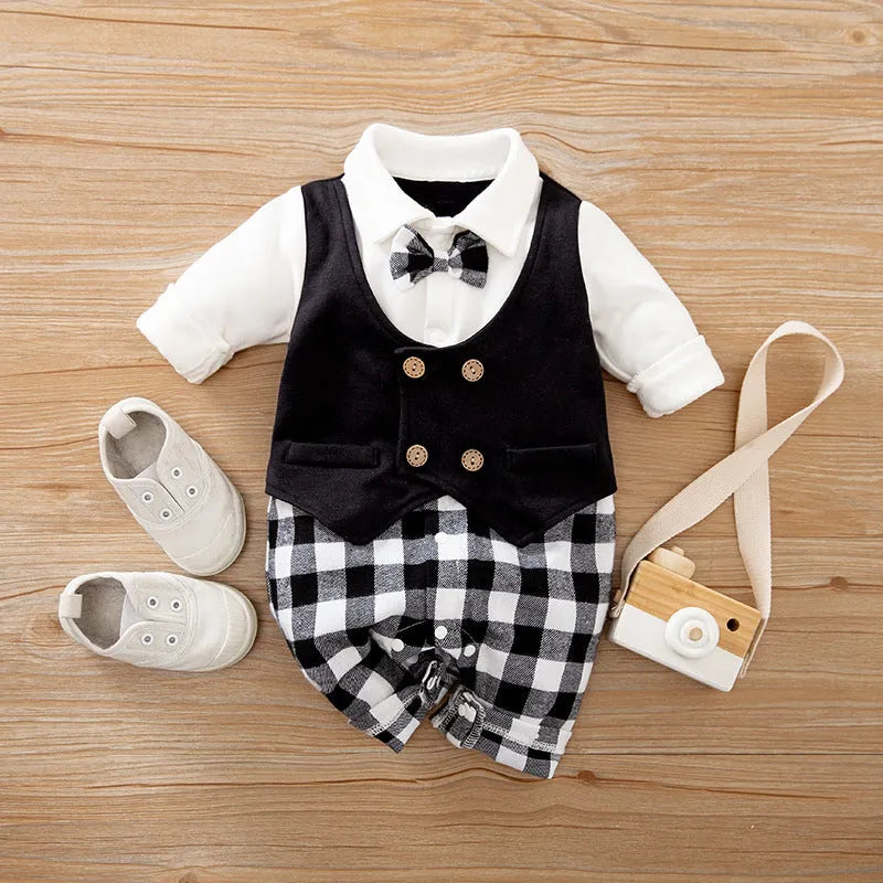 Baby boy in a long-sleeved cotton jumpsuit with gentleman-style detailing for spring or autumn wear.