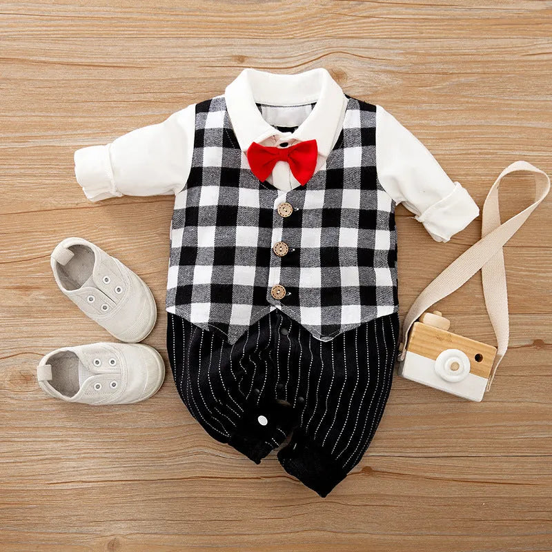 Baby boy in a long-sleeved cotton jumpsuit with gentleman-style detailing for spring or autumn wear.