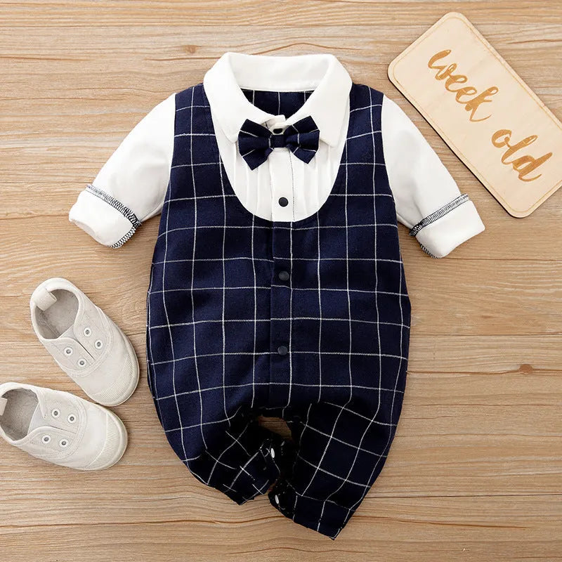 Baby boy in a long-sleeved cotton jumpsuit with gentleman-style detailing for spring or autumn wear.