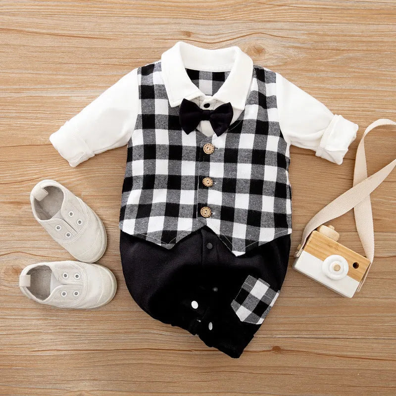 Baby boy in a long-sleeved cotton jumpsuit with gentleman-style detailing for spring or autumn wear.