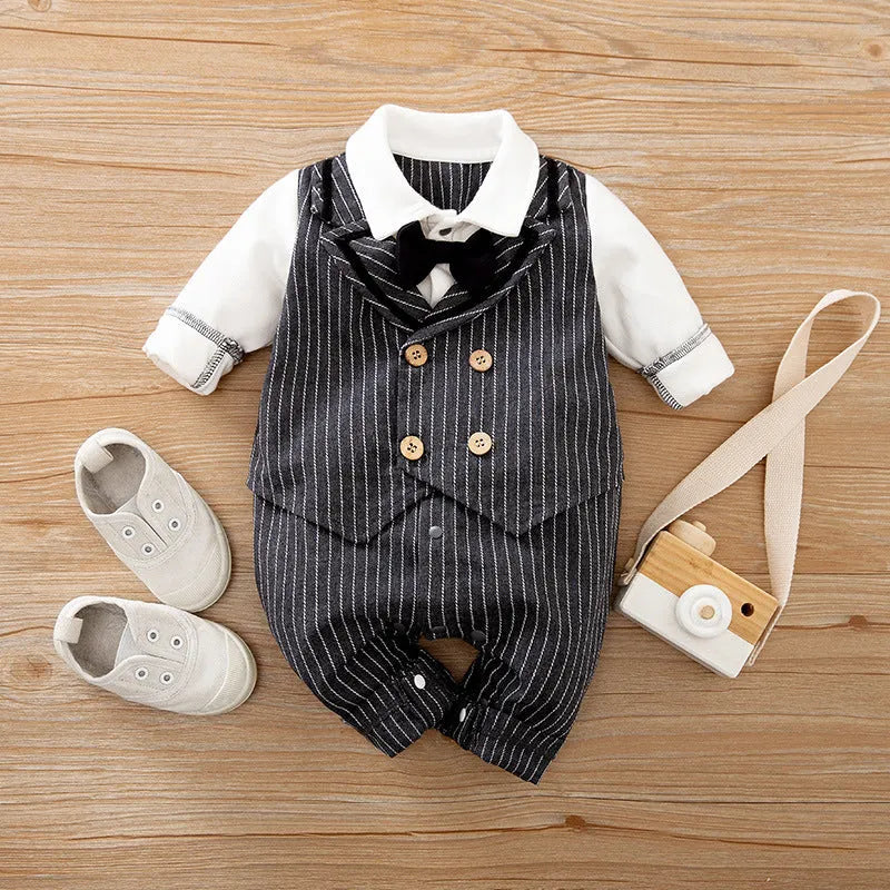 Baby boy in a long-sleeved cotton jumpsuit with gentleman-style detailing for spring or autumn wear.