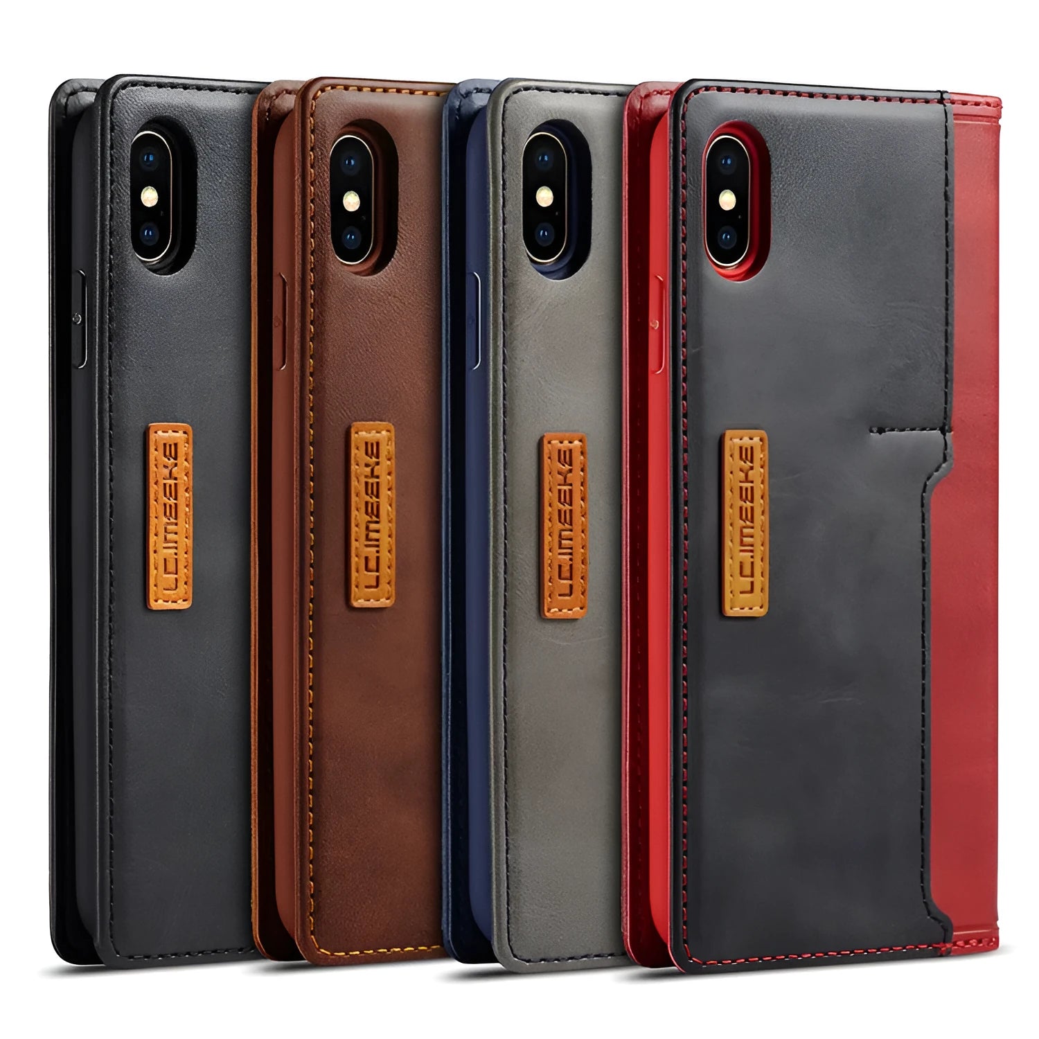 Retro-style flip wallet phone case for iPhone in leather and PU, showing card slots.