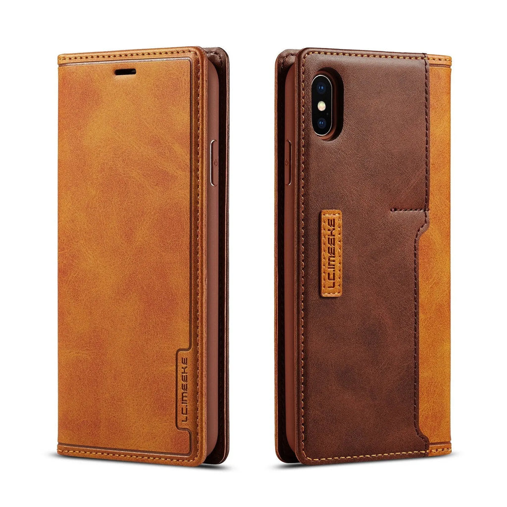 Retro-style flip wallet phone case for iPhone in leather and PU, showing card slots.