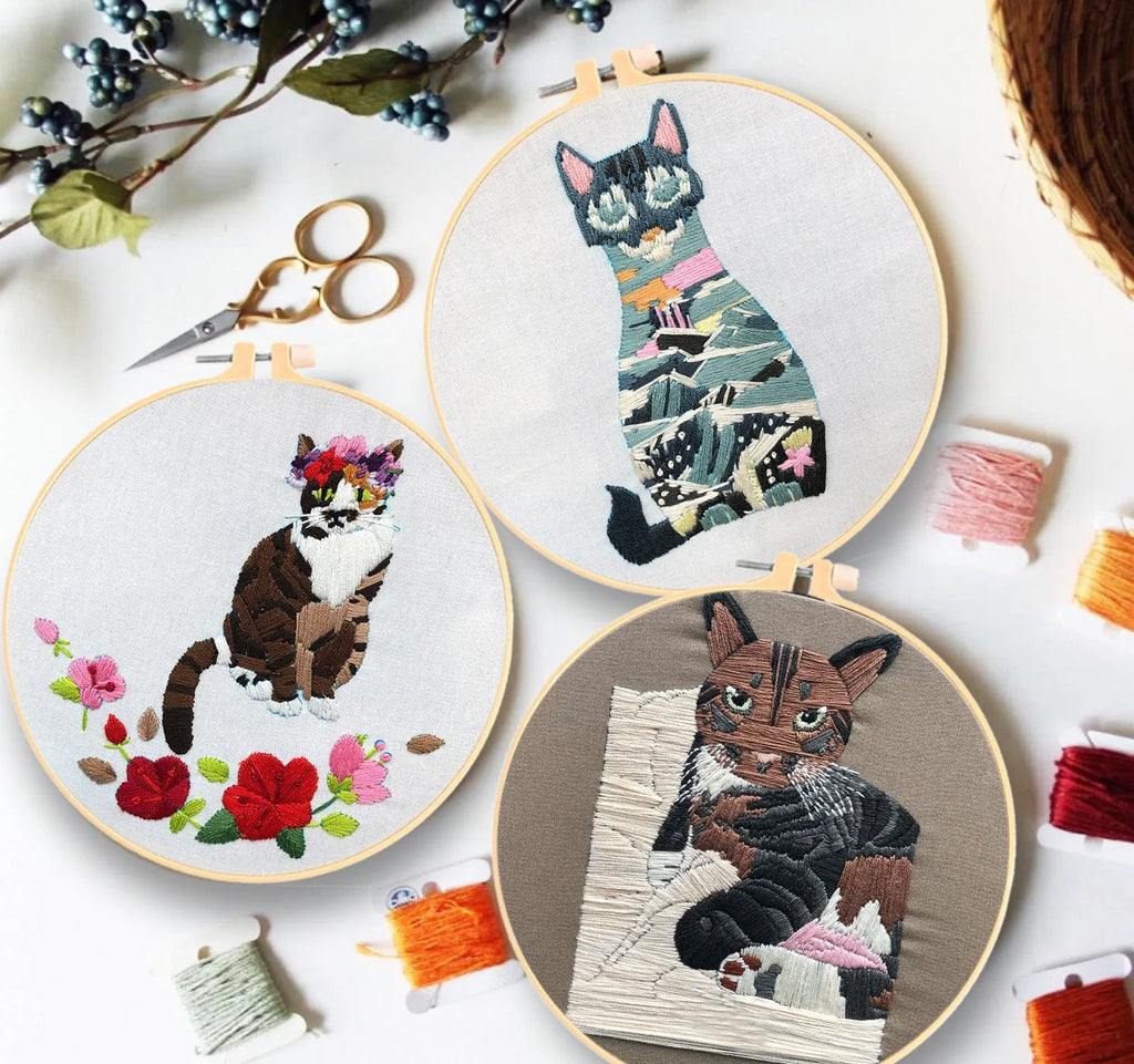Cat three-dimensional European embroidery kit for beginners with fabric, hoop, and threads