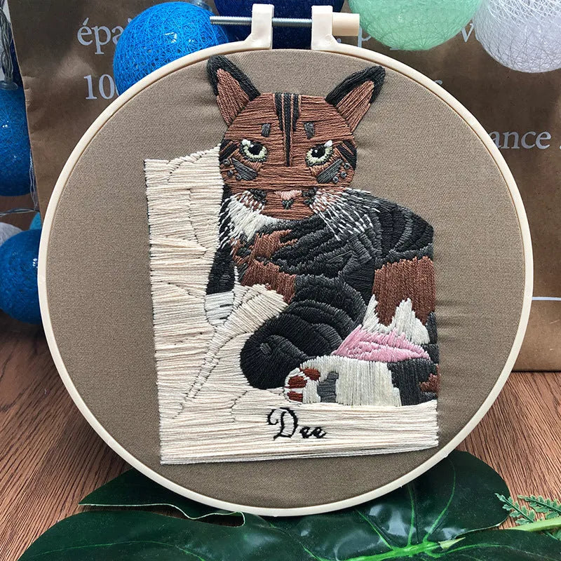 Cat three-dimensional European embroidery kit for beginners with fabric, hoop, and threads