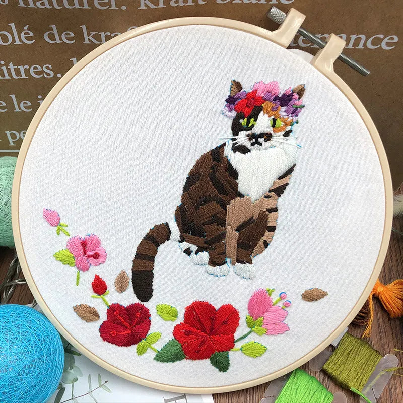 Cat three-dimensional European embroidery kit for beginners with fabric, hoop, and threads