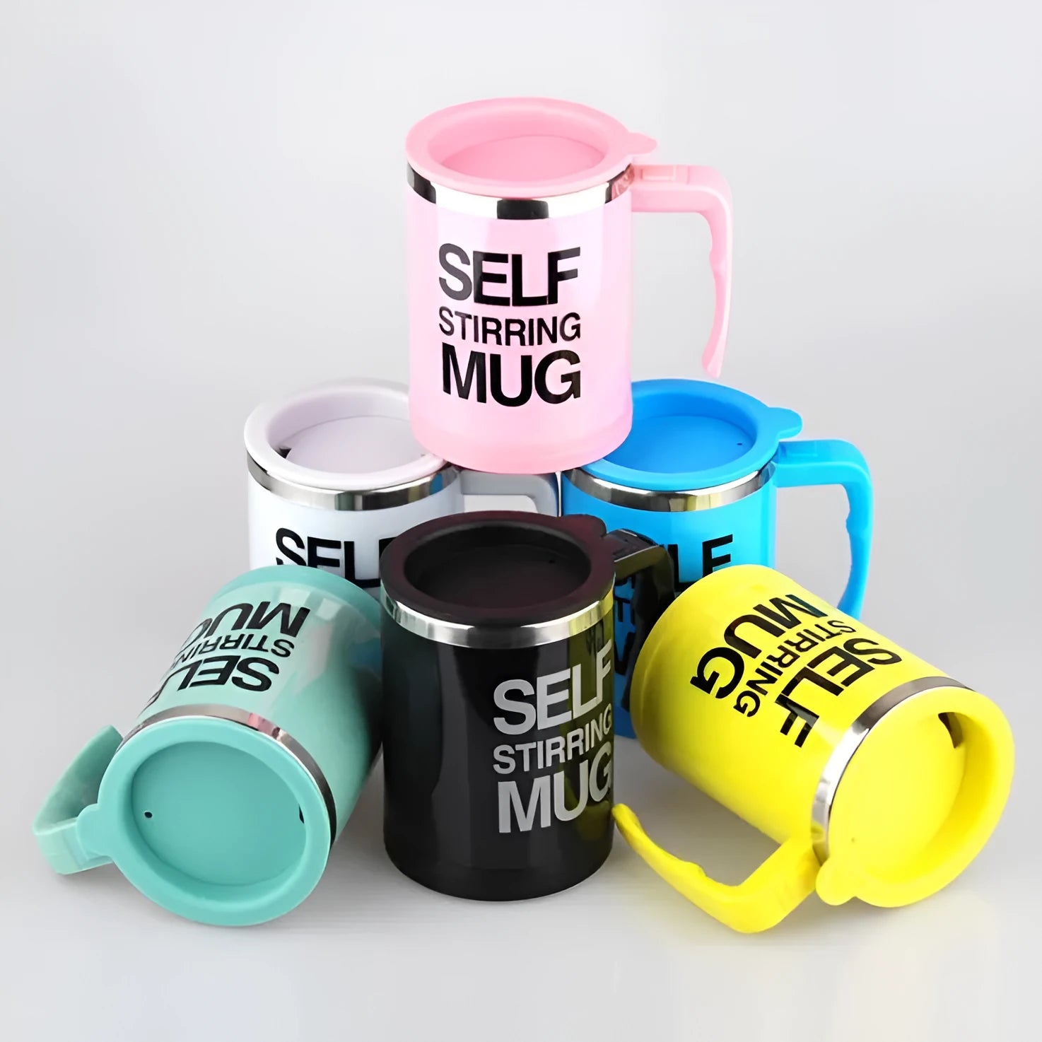 Automatic self-stirring coffee mug with lid, creative button handle, stainless steel body, 8.8x12.1cm, black colour