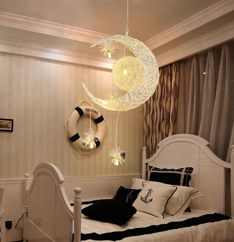 Aluminum wire star moon chandelier with LED warm white light for restaurant bar bedroom