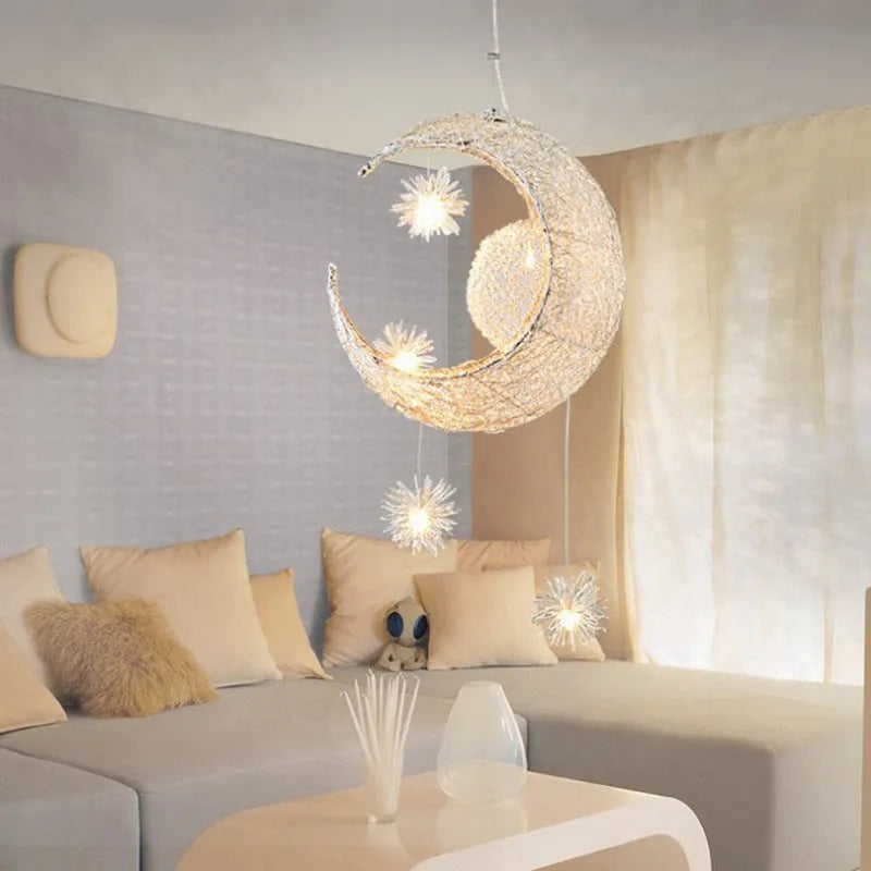 Aluminum wire star moon chandelier with LED warm white light for restaurant bar bedroom