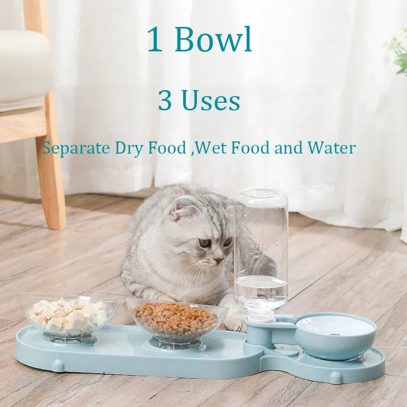 Double bowl automatic pet feeder with blue bowls and white plastic base on floor
