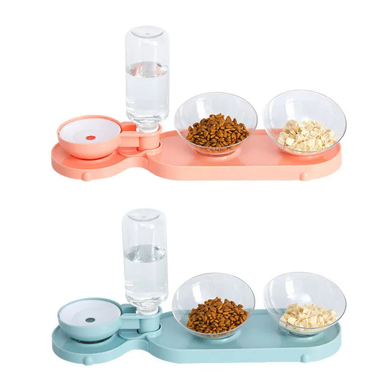 Double bowl automatic pet feeder with blue bowls and white plastic base on floor