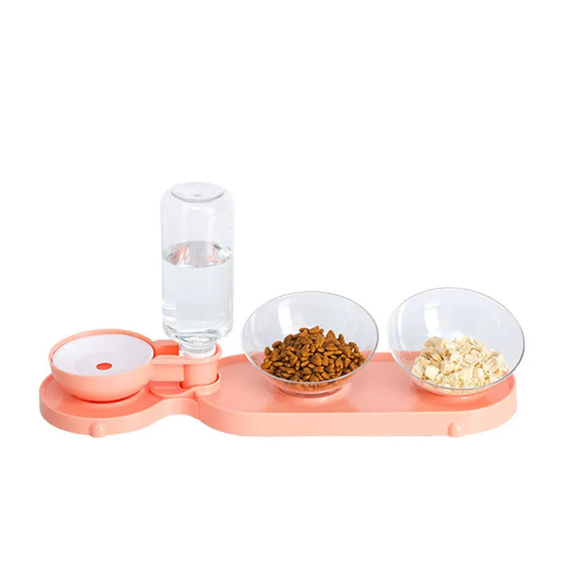 Double bowl automatic pet feeder with blue bowls and white plastic base on floor