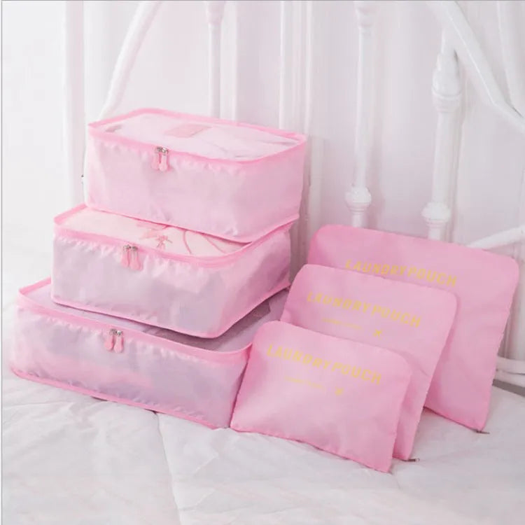 6 piece polyester travel storage bag set in hand bag type shape for clothes and cosmetic organisation, various colour options