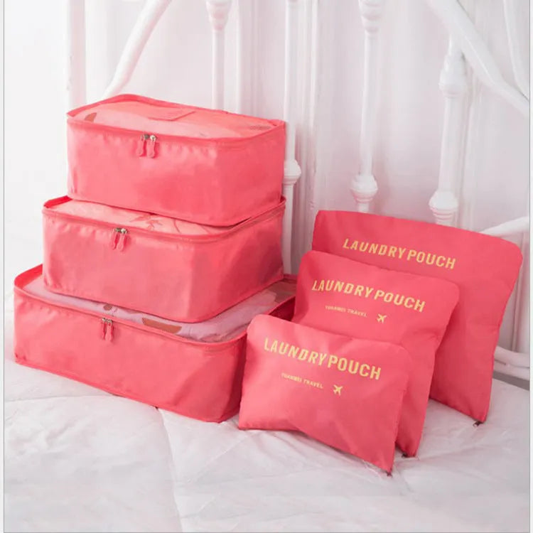 6 piece polyester travel storage bag set in hand bag type shape for clothes and cosmetic organisation, various colour options