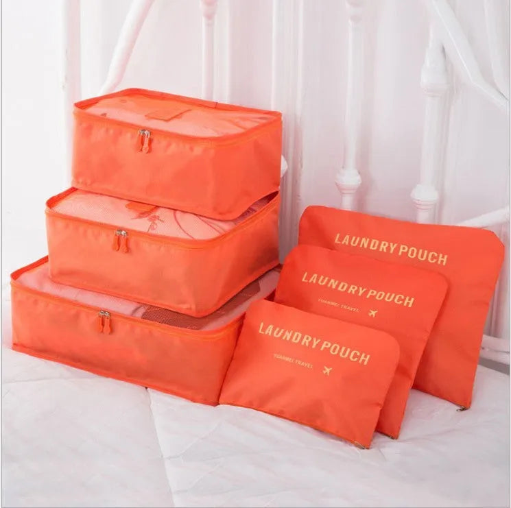 6 piece polyester travel storage bag set in hand bag type shape for clothes and cosmetic organisation, various colour options