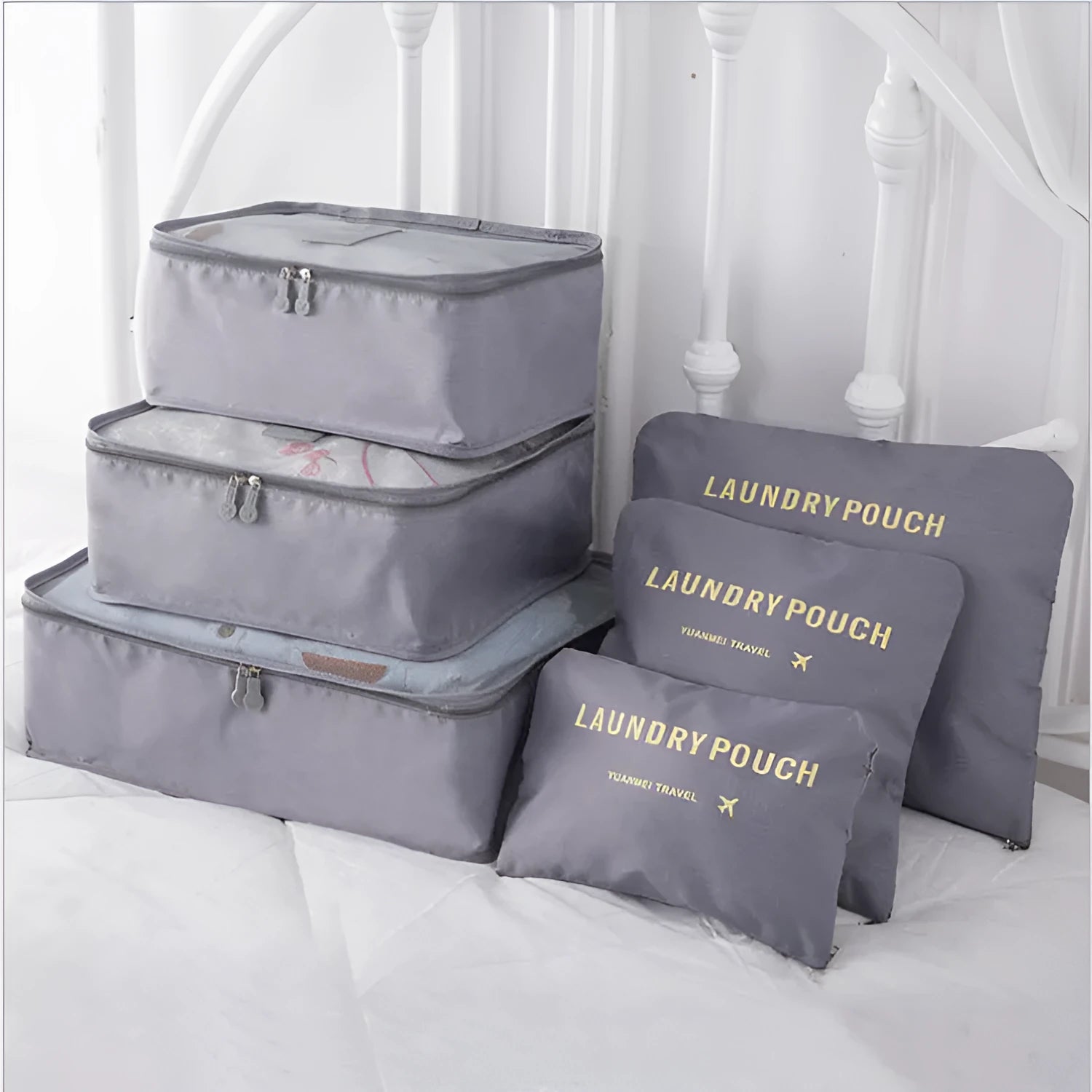 6 piece polyester travel storage bag set in hand bag type shape for clothes and cosmetic organisation, various colour options