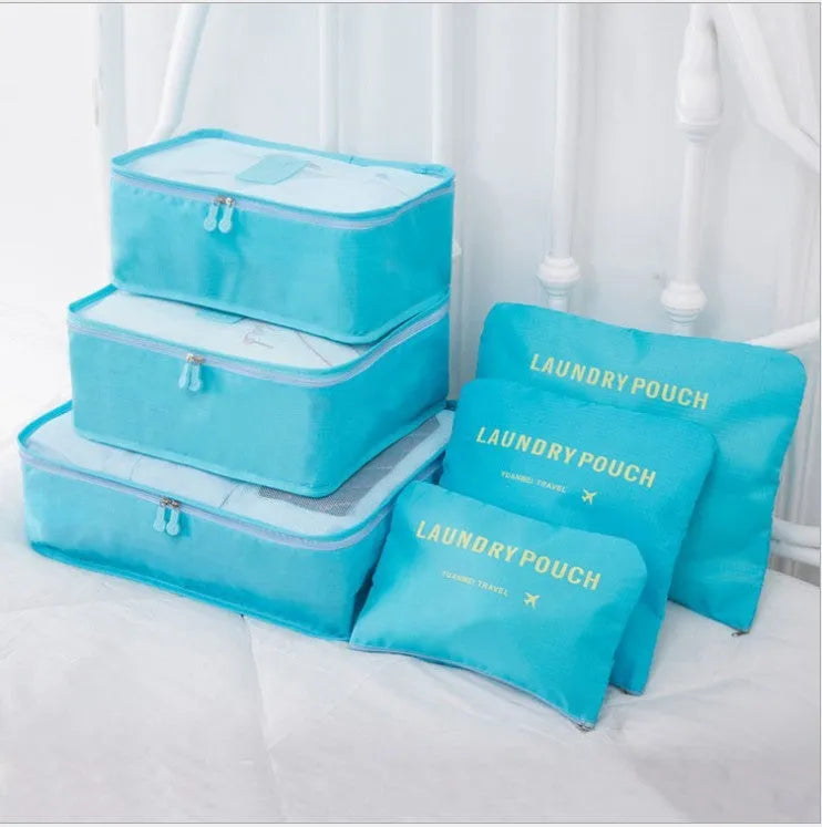 6 piece polyester travel storage bag set in hand bag type shape for clothes and cosmetic organisation, various colour options