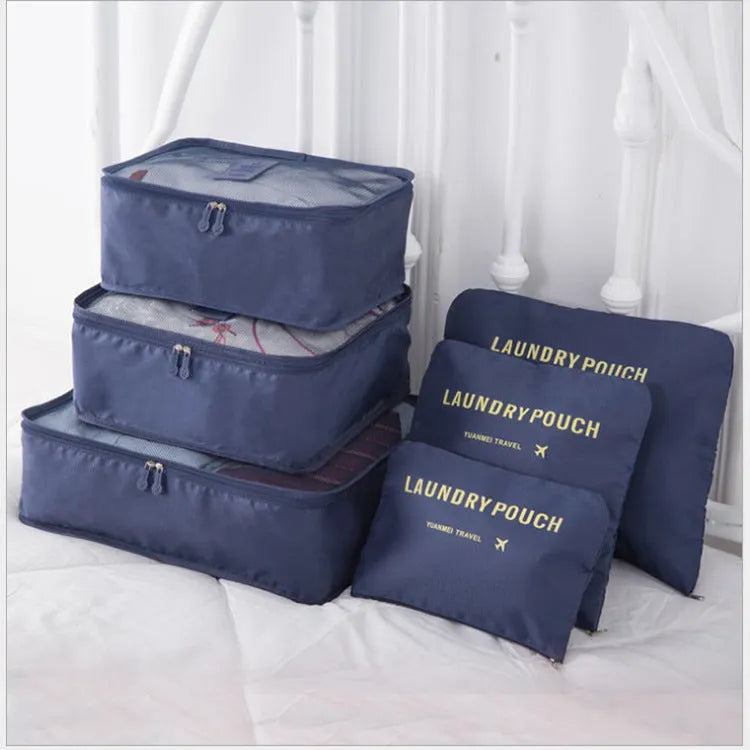 6 piece polyester travel storage bag set in hand bag type shape for clothes and cosmetic organisation, various colour options