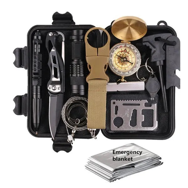 13-piece outdoor survival treasure box with stainless steel tools in shockproof case