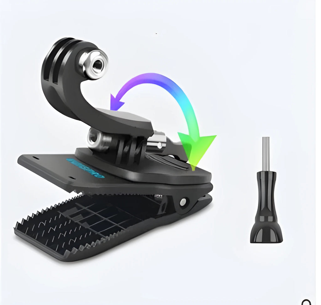 Aluminium alloy and plastic backpack clip for GoPro and action cameras with 360-degree rotation