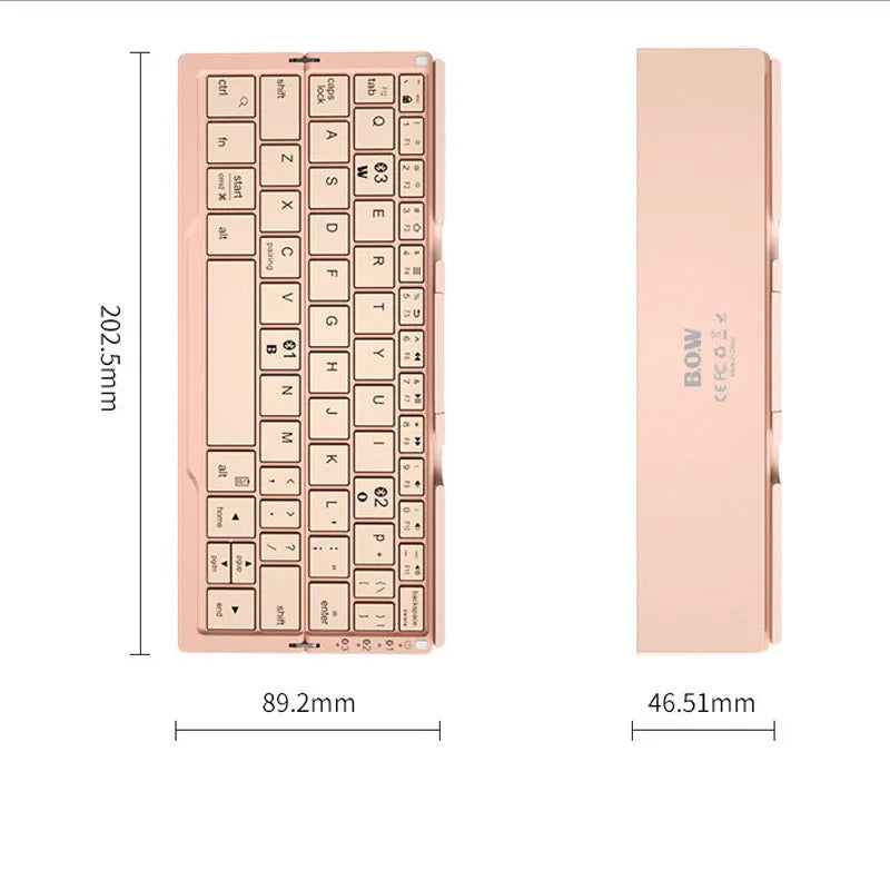 Silver white folding Bluetooth keyboard with integrated stand holding a smartphone