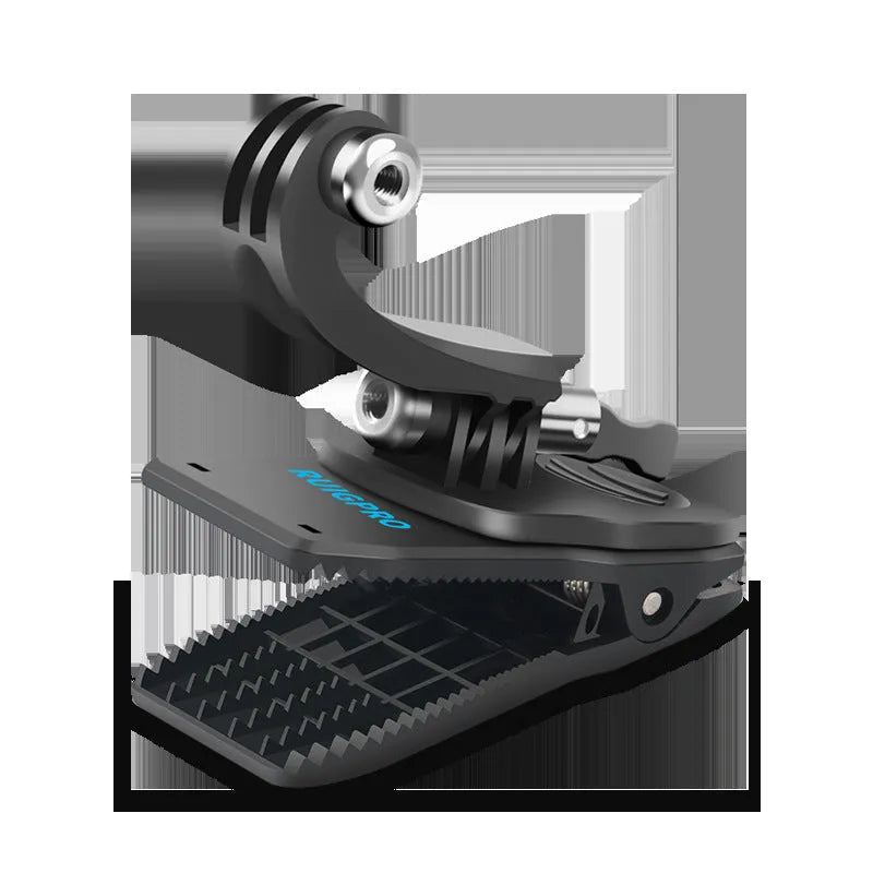 Aluminium alloy and plastic backpack clip for GoPro and action cameras with 360-degree rotation