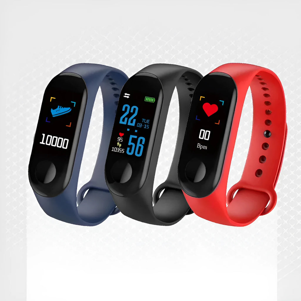 M3 smart bracelet with 0.96 inch colour screen and TPE wristband in black showing heart rate and step count data on iOS.