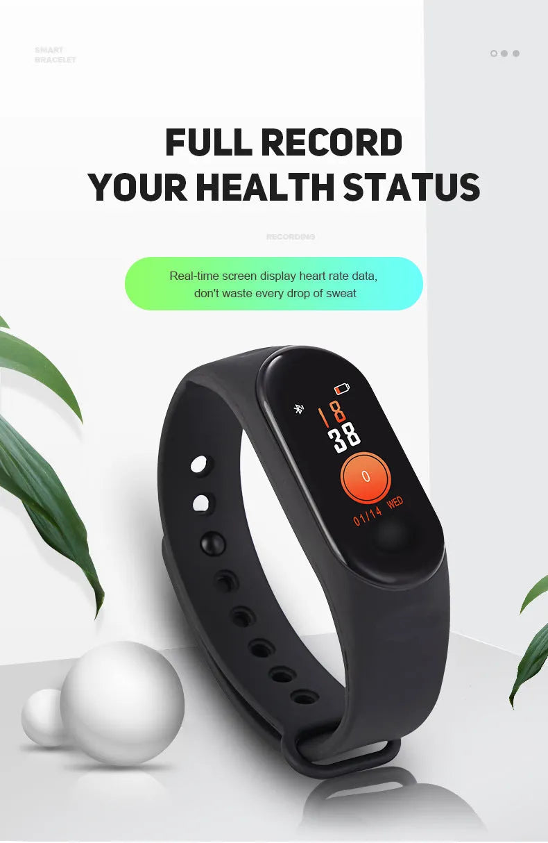 M3 smart bracelet with 0.96 inch colour screen and TPE wristband in black showing heart rate and step count data on iOS.