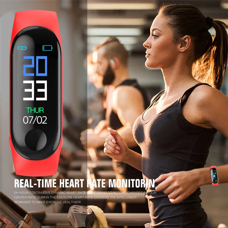 M3 smart bracelet with 0.96 inch colour screen and TPE wristband in black showing heart rate and step count data on iOS.