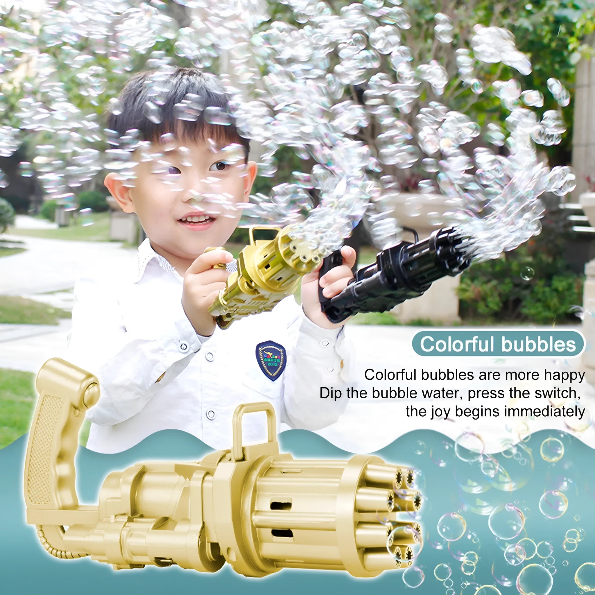 A child's bubble machine toy with a realistic gun design in pink, gold or black, shown with its removable bubble head.