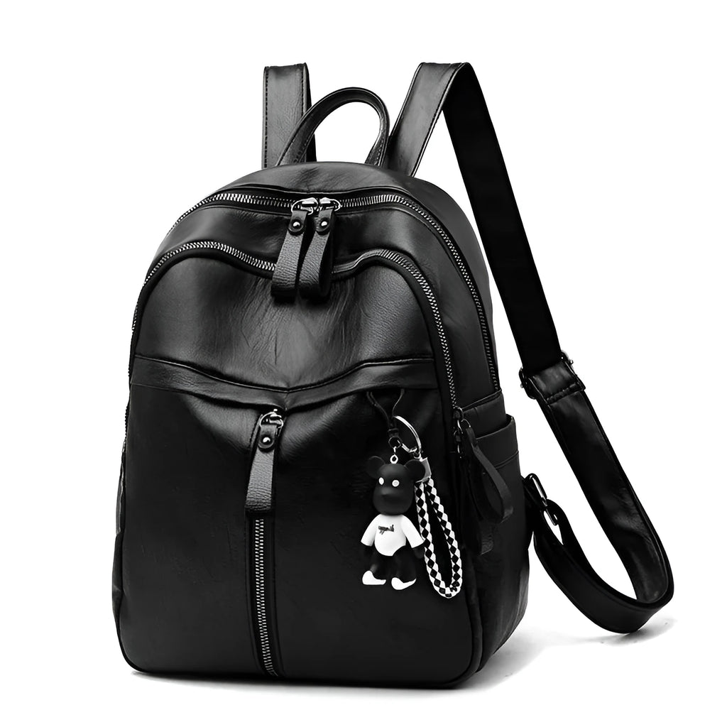 Black PU leather backpack with double straps showing internal ID bag compartment and zipper closure