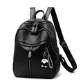 Black PU leather backpack with double straps showing internal ID bag compartment and zipper closure