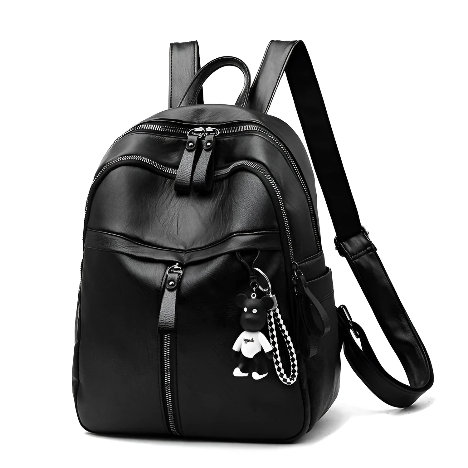 Black PU leather backpack with double straps showing internal ID bag compartment and zipper closure