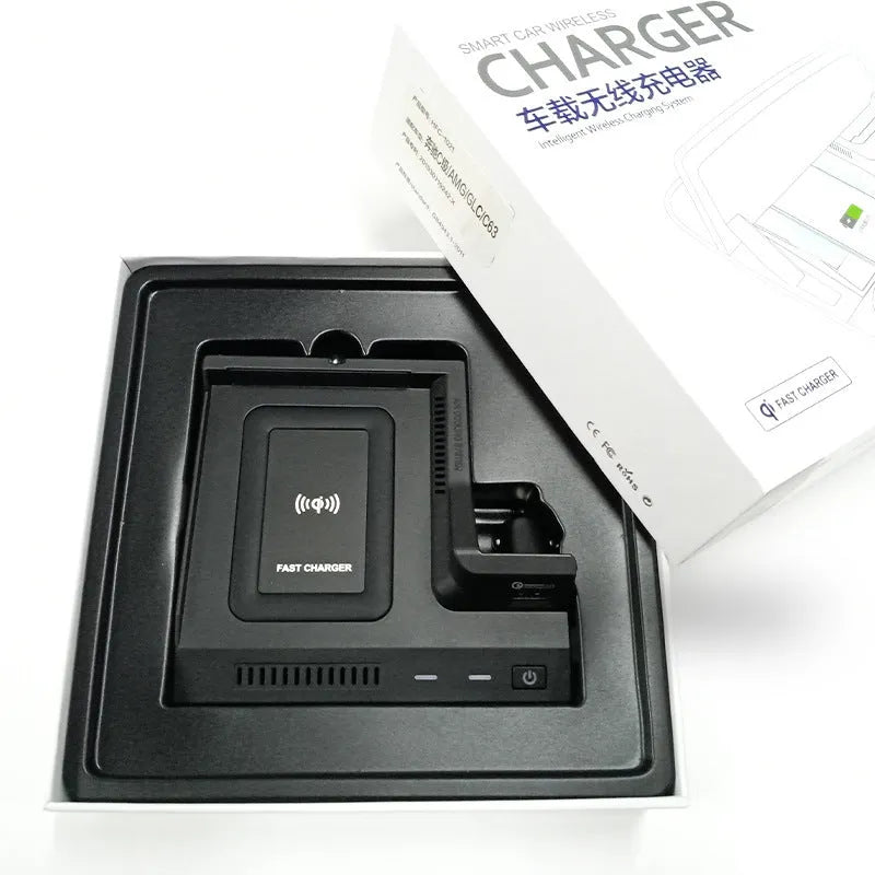 Black ABS car wireless charging board measuring 21x21x6.1cm for Mercedes-Benz A/GLC and C-Class vehicles