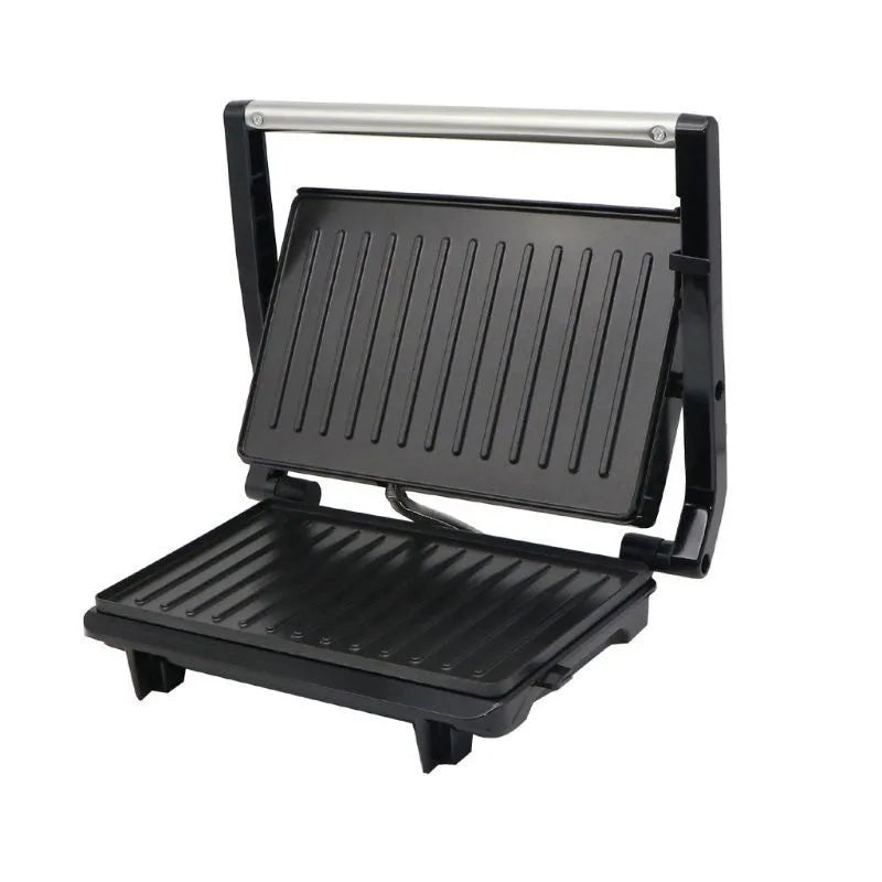 Nonstick electric steak maker grill with black casing, adjustable temperature knob, and wrap-around power cord on a kitchen worktop.