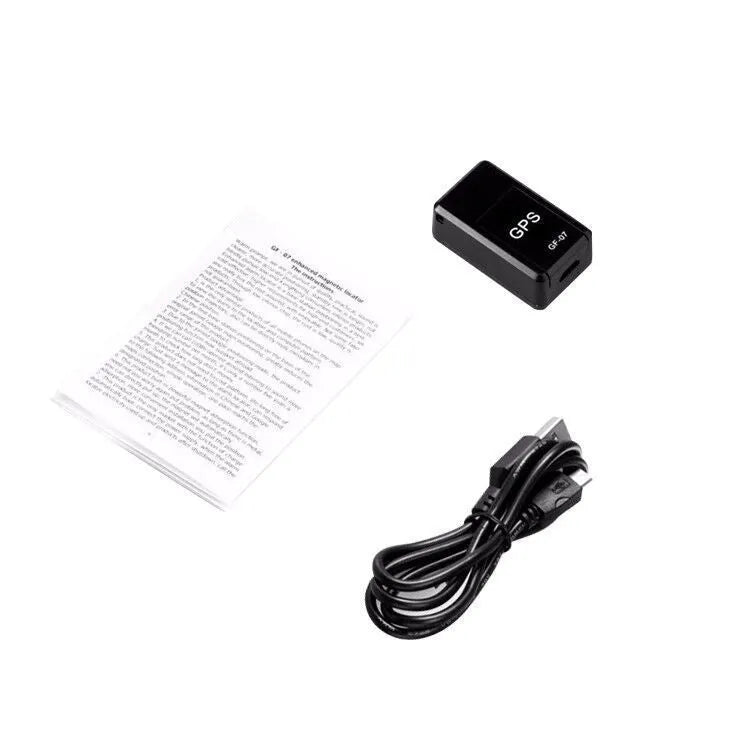 Black mini magnetic GPS tracker device for car and vehicle tracking with USB charging cable