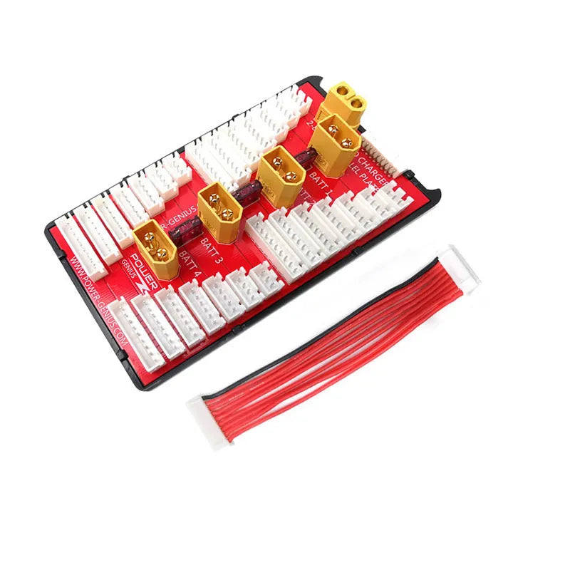 RC parallel balance charging board with four T-plug ports and balance leads.