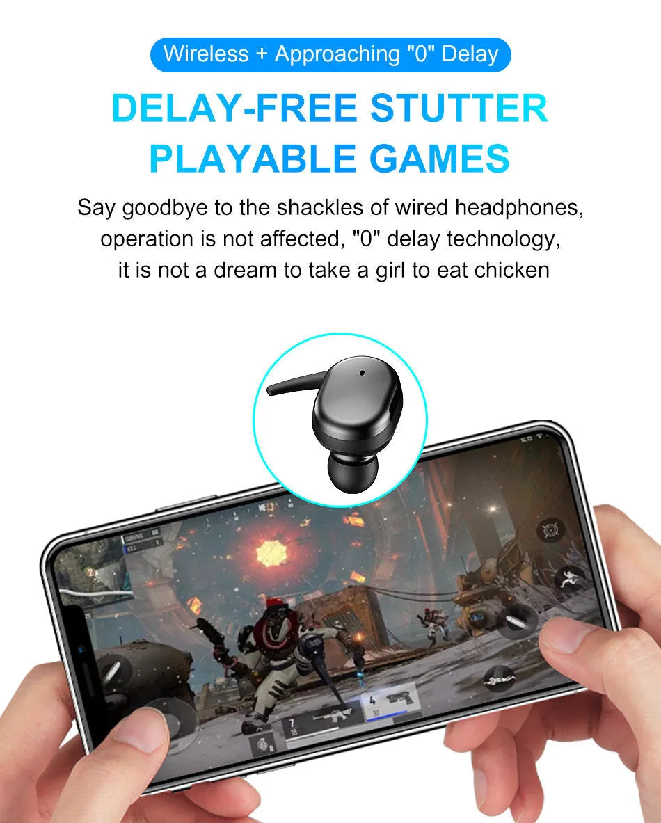Wireless Bluetooth headset in black, earplug style with microphone, binaural stereo design