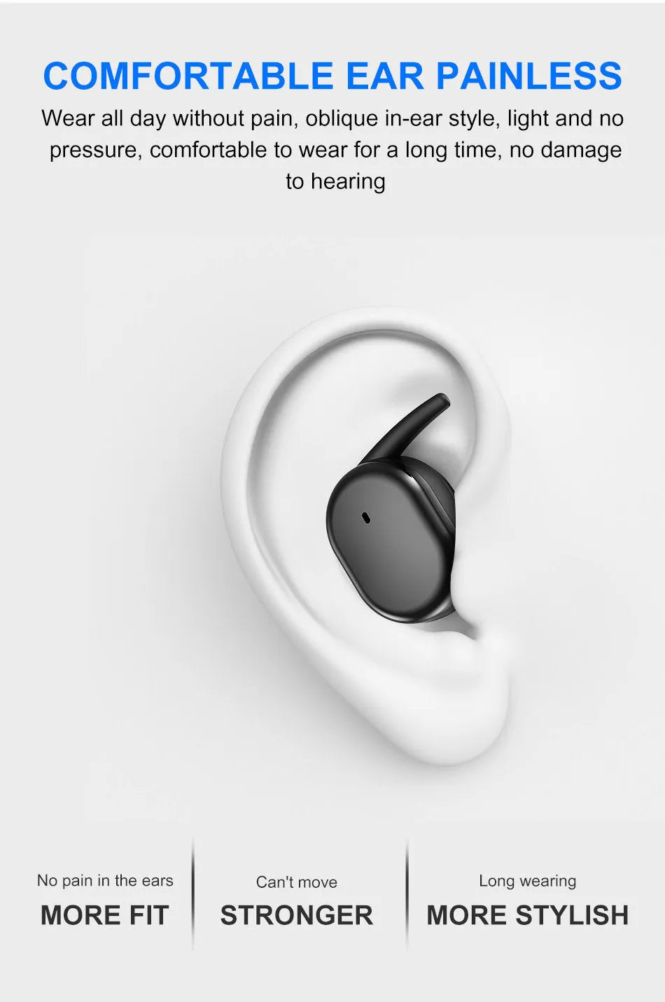 Wireless Bluetooth headset in black, earplug style with microphone, binaural stereo design