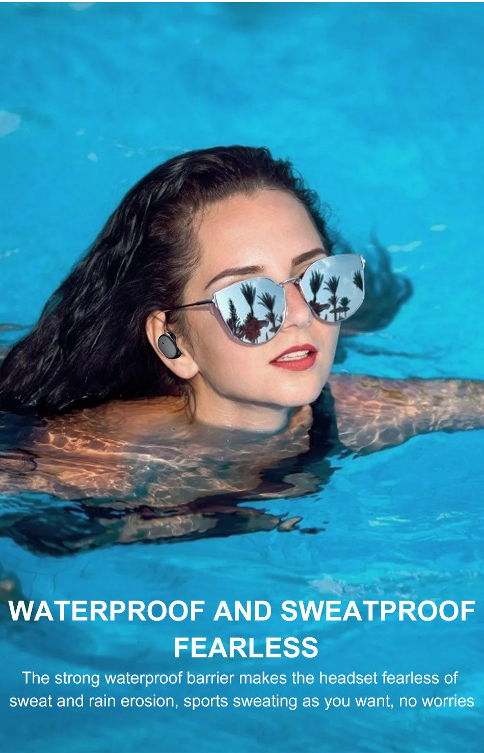 Wireless Bluetooth headset in black, earplug style with microphone, binaural stereo design