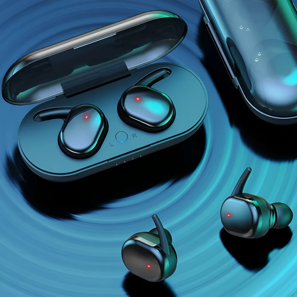 Wireless Bluetooth headset in black, earplug style with microphone, binaural stereo design