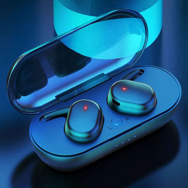 Wireless Bluetooth headset in black, earplug style with microphone, binaural stereo design